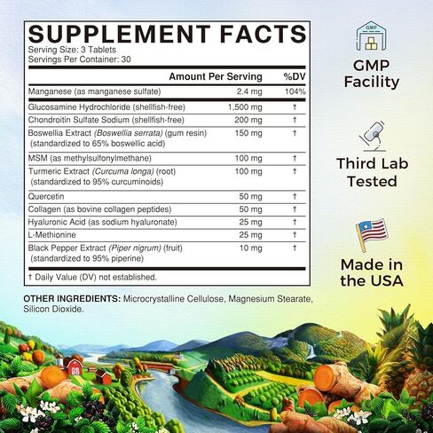 VITALITOWN Glucosamine Chondroitin MSM | Collagen, Boswellia, Turmeric, Hyaluronic Acid, Bromelain | Triple Action+ Joint Formula | 12 Joint-Loving Ingredients | 90 Tablets, No Shellfish in Saudi Arabia