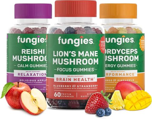 Fungies Lion's Mane Mushroom Brain Health Gummies - Promotes Focus, Memory, and Mood - 60 Count (Natural Blueberry and Strawberry Flavor, Gelatin-Free, Gluten-Free, Non-GMO, Vegan) in Saudi Arabia