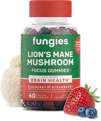 Fungies Lion's Mane Mushroom Brain Health Gummies - Promotes Focus, Memory, and Mood - 60 Count (Natural Blueberry and Strawberry Flavor, Gelatin-Free, Gluten-Free, Non-GMO, Vegan) in Kuwait