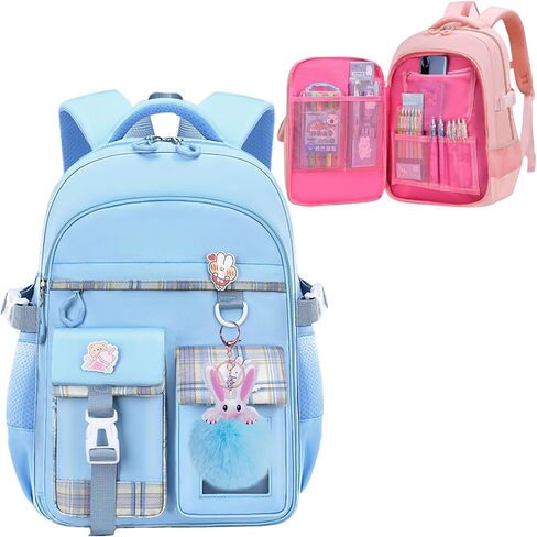 KEBEIXUAN Backpacks for Girls Bookbag with cute Pendant Kawaii School Bag (Girls Backpack+Insulated Lunch Bag+Pencil Case Blue) in Saudi Arabia
