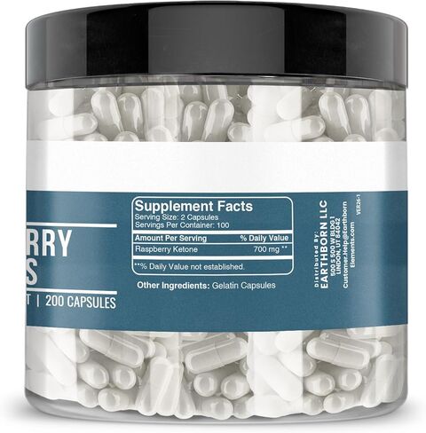200 كبسولة من Earthborn Elements Raspberry Ketones، نقية وغير مخففة، بدون إضافات in Kuwait