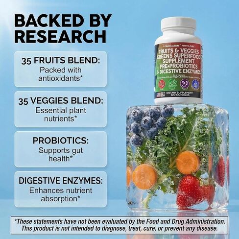 Fruits and Veggies Supplement Reds & Green Superfood - A Natural Balance Of Over 70 Fruit and Vegetable Supplements Capsules with Probiotics Prebiotics Digestive Enzymes Nature Spirulina -120 Ct USA in Saudi Arabia