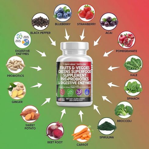 Fruits and Veggies Supplement Reds & Green Superfood - A Natural Balance Of Over 70 Fruit and Vegetable Supplements Capsules with Probiotics Prebiotics Digestive Enzymes Nature Spirulina -120 Ct USA in Saudi Arabia