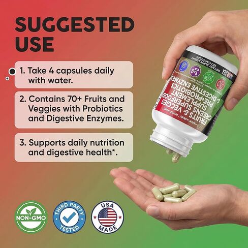 Fruits and Veggies Supplement Reds & Green Superfood - A Natural Balance Of Over 70 Fruit and Vegetable Supplements Capsules with Probiotics Prebiotics Digestive Enzymes Nature Spirulina -120 Ct USA in Saudi Arabia