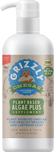 مكمل أحماض أوميغا الدهنية من Grizzly Algal Plus للكلاب والقطط، 8 أونصة سائلة - نباتي، من مصادر نباتية ومصنوع في الولايات المتحدة الأمريكية، زيت الطحالب أوميغا 3-6-9، بشرة وفرو صحيين in Kuwait