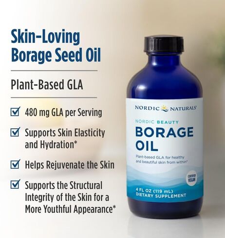Nordic Naturals Nordic Beauty Borage Oil, Unflavored - 4 Ounces - Borage Seed Oil, Unique Omega-6 for Healthy and Hydrated Skin, 480 Milligrams of GLA - Non-GMO - Vegan, 48 Servings in Saudi Arabia