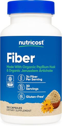 Nutricost Fiber Capsules with Prebiotic Fiber Supplement 150 Capsules - CCOF Certified Supplement, Made with Organic Psyllium Husk & Organic Jerusalem Artichoke, Gluten Free, 3 G Per Serving in Saudi Arabia