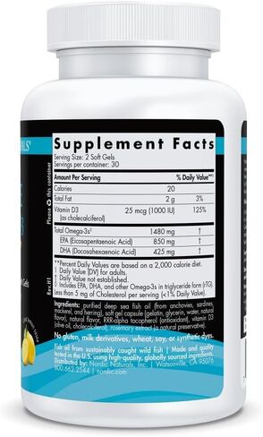 Nordic Naturals Ultimate Omega-D3 Sport, Lemon - 60 Soft Gels - 1480 mg Omega-3 + 1000 IU Vitamin D3 - NSF Certified - Supports Muscle, Bones, Focus & Endurance - 30 Servings in Saudi Arabia