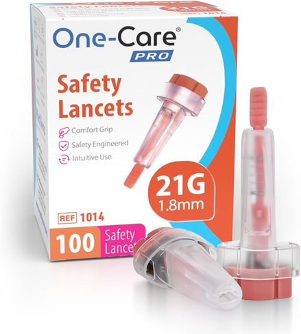 مشارط الأمان MediVena ONE-CARE PRO، زر الضغط العلوي المنشط، 21 جم × 1.8 مم، 100/bx، معقمة ولطيفة ومريحة لأخذ العينات in Saudi Arabia