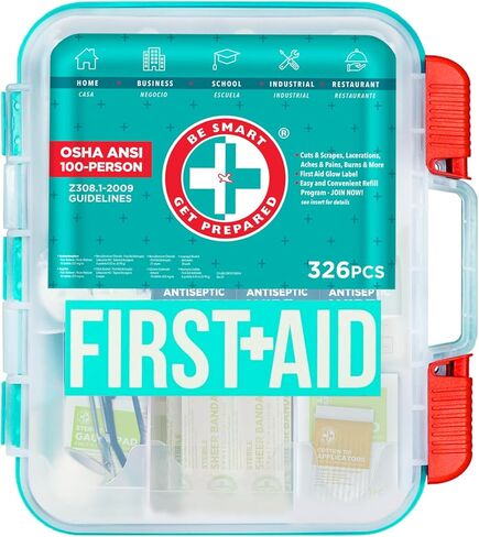 Be Smart Get Prepared First Aid Kit, Teal, 326 Piece, Exceeds OSHA and ANSI Guidelines 100 People - Office, Home, Car, School, Emergency, Survival, Camping, Hunting and Sports in Kuwait