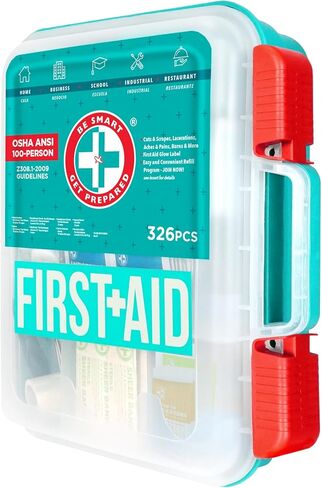 Be Smart Get Prepared First Aid Kit, Teal, 326 Piece, Exceeds OSHA and ANSI Guidelines 100 People - Office, Home, Car, School, Emergency, Survival, Camping, Hunting and Sports in Kuwait