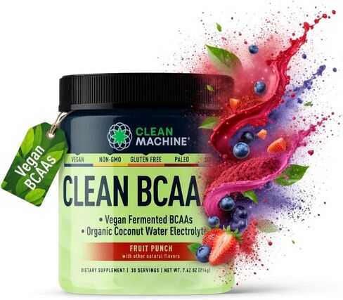 Clean BCAA - 2:1:1 Food Sourced BCAAs Powder & Coconut Water Electrolytes Recovery & Amino Energy Supplement - Award Winning Vegan Amino Acid Supplement - 30 Servings (30, Fruit Punch) in Saudi Arabia