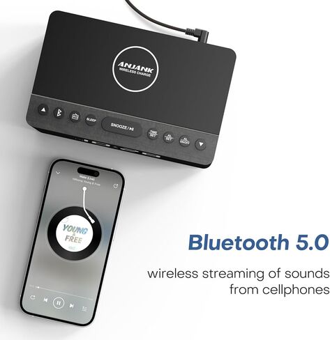 ANJANK Wooden Sound Machine Alarm Clock for Bedroom, Bluetooth Speaker, Wireless Charging Station for iPhone/Samsung, Sleep Timer, 0-100% Dimmer, White Noise Machine for Sleeping Adults with 20 Sounds in Saudi Arabia
