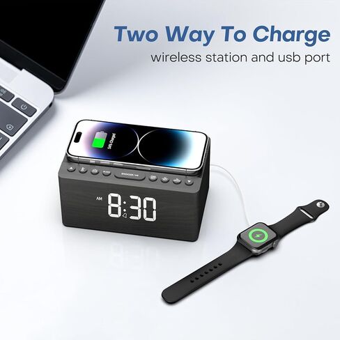 ANJANK Wooden Sound Machine Alarm Clock for Bedroom, Bluetooth Speaker, Wireless Charging Station for iPhone/Samsung, Sleep Timer, 0-100% Dimmer, White Noise Machine for Sleeping Adults with 20 Sounds in Saudi Arabia