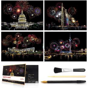 Scratch&Sketch Art Paper(A4) for Kids&Adults, Rainbow Painting Night View Scratchboard, Art&Craft, Engraving Art Set: 4 Scratch Cards & Scratch Drawing Pen, Clean Brush (Street Corner) in Kuwait