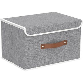 Yawinhe Collapsible Storage Boxes, Linen Fabric Storage Baskets Washable, with Lids and Leather Handle, for Home, Closet, Beige, 15.0''Lx9.8''Wx9.8''H, 1-Pack, USNK024BEL-1 in Saudi Arabia