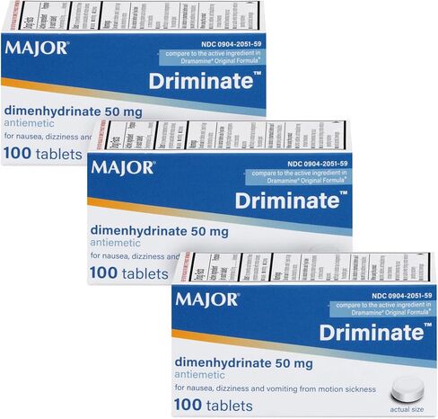 Driminate Generic for Dramamine Motion Sickness 50 mg Anti Nausea 100 ea PACK of 3 in Saudi Arabia