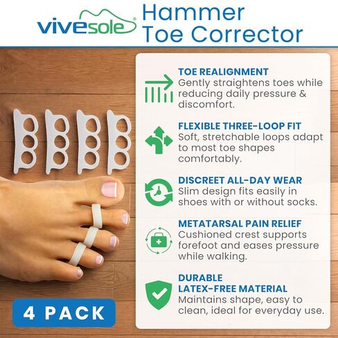 VIVEsole Hammer Toe Corrector for Men and Women (4pc) Cushioned Gel Straightener Loops - Toe Support Cushion Brace for Bunion Foot Relief, Feet Alignment, Curled, Claw, Crooked, Mallet Toes, 3 Loops in Saudi Arabia