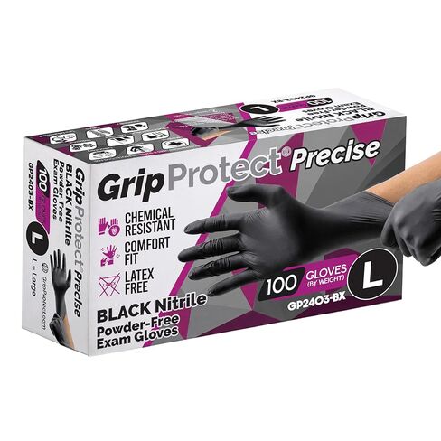 قفازات GripProtect® الدقيقة لفحص النتريل باللون الأسود | 4 مل | تصنيف كيميائي | الغذاء، المنزل، المستشفى، إنفاذ القانون، الوشم | (كبير، 100) in Kuwait
