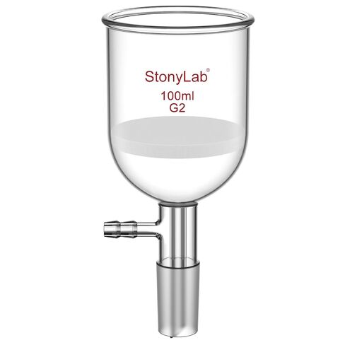 قمع تصفية بوخنر من زجاج البورسليكات من StonyLab 500 مل مع مادة فريت متوسطة (G2)، قطر داخلي 94 مم، عمق 100 مم، مع وصلة داخلية مدببة قياسية 24/40 وأنبوب مسنن مفرغ (500 مل) in Saudi Arabia