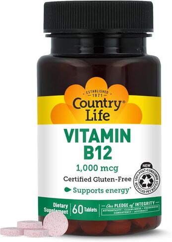 Country Life Vitamin B12, Supports Energy & Red Blood Cell Production, 1000mcg, 60 Tablets, Certified Gluten Free, Certified Vegan, Certified Halal in Saudi Arabia