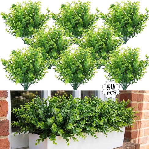 Cindeer 100 Pcs Artificial Boxwood Stems for Outdoors Fake Stems Plants Shrubs Faux Plastic Greenery UV Resistant Picks for Indoor Outside Farmhouse Home Garden Wedding Decor (Green) in Saudi Arabia