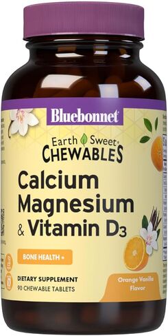 Bluebonnet Nutrition، الكالسيوم والمغنيسيوم بالإضافة إلى فيتامين D3، Earthsweet، صحة العظام واسترخاء العضلات، خالي من الصويا، خالي من الغلوتين، موافق للشريعة اليهودية، خالي من منتجات الألبان، 90 قرصًا قابلاً للمضغ بنكهة الفانيليا in Saudi Arabia