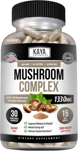 Kaya Naturals Premium Mushroom Complex Potent | Organic Supplement| Mushroom Complex Capsules 1995mg Per Serving - Aids Mental Clarity Supports Immune System, Wellness & Vitality | 30 Count in Saudi Arabia