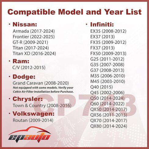 EPAuto CP743 (CF10743) Replacement for Chrysler/Dodge/Infiniti/Nissan/Volkswagen Premium Cabin Air Filter includes Activated Carbon in Saudi Arabia