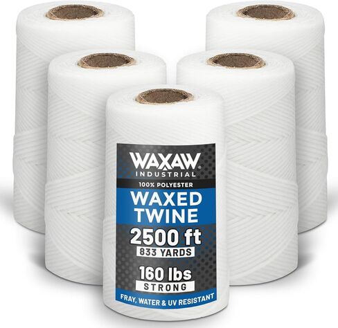 9-Ply Waxed Twine 160 lb, White, 5 Spools x 500 ft Lacing Cord | 100% Polyester, Water and UV Resistant; Tacky Grip Locks Knots. For Cable Lacing, Wire Lashing, Bundling, Marine. Made in USA in Kuwait