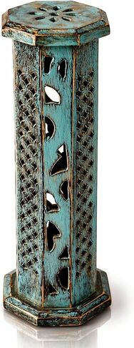 Wooden Incense Stick & Cone Burner Holder Tower Large Organic Eco Friendly Ash Catcher Agarbatti Holder Rustic Style Hand Carved for Meditation Yoga Aromatherapy Home Fragrance Products (Blue) in Saudi Arabia