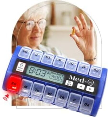 New MedQ Daily Pill Box Reminder with Flashing Light and Beeping Alarm Includes Bonus Liberty Pill Keychain (Blue) in Saudi Arabia