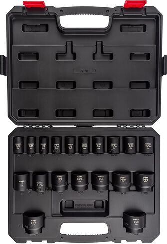 SUNEX TOOLS 2640، مجموعة مقابس تأثير محرك 1/2 بوصة، 19 قطعة، SAE، 3/8 بوصة - 1-1/2 بوصة، سبائك فولاذ Cr-Mo، تصميم زاوية نصف قطرها، علامات مزدوجة الحجم، حقيبة تخزين شديدة التحمل، يفي بمعايير ANSI in Kuwait