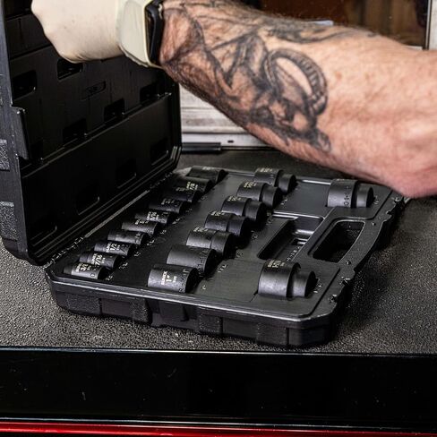 SUNEX TOOLS 2640، مجموعة مقابس تأثير محرك 1/2 بوصة، 19 قطعة، SAE، 3/8 بوصة - 1-1/2 بوصة، سبائك فولاذ Cr-Mo، تصميم زاوية نصف قطرها، علامات مزدوجة الحجم، حقيبة تخزين شديدة التحمل، يفي بمعايير ANSI in Kuwait
