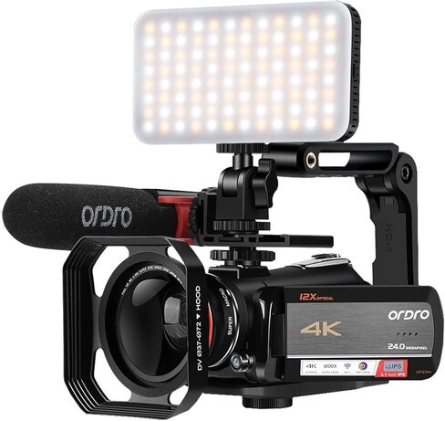 ORDRO 4K Video Camera Camcorder AC5 Plus Vlog Camera with 12X Optical Zoom Vlog Camera 1080P 60fps Video Camera for YouTube with Mic LED RGB Light Wide Angle Lens Handheld Holder 2 Batteries in Saudi Arabia