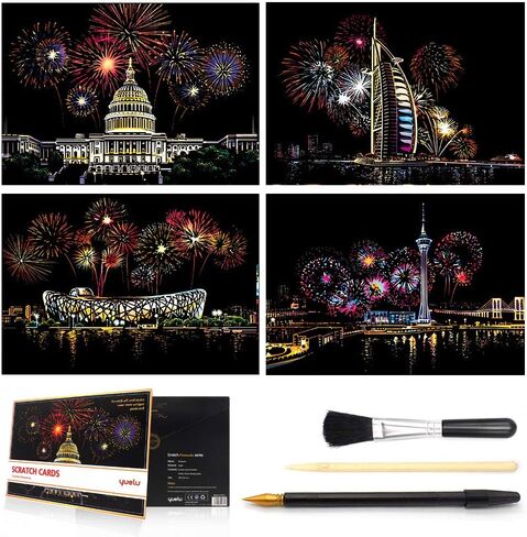 Scratch&Sketch Art Paper(A4) for Kids&Adults, Rainbow Painting Night View Scratchboard, Art&Craft, Engraving Art Set: 4 Scratch Cards & Scratch Drawing Pen, Clean Brush (Street Corner) in Kuwait