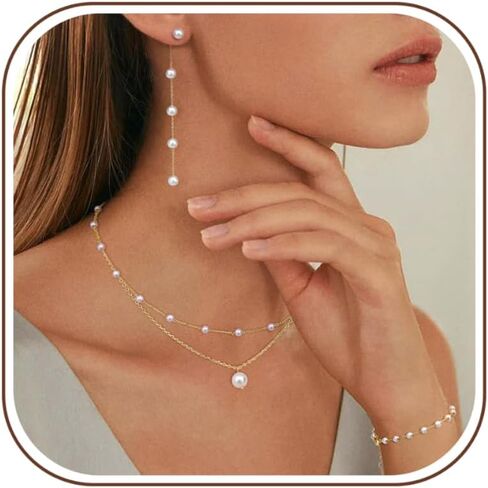 FUNRUN JEWELRY قلادة اللؤلؤ للنساء 14K مجموعة مجوهرات اللؤلؤ المطلية بالذهب قابل للتعديل اللؤلؤ قلادة قلادة سوار اللؤلؤ انخفاض الأقراط لذيذ مجوهرات لؤلؤ الزفاف in Kuwait