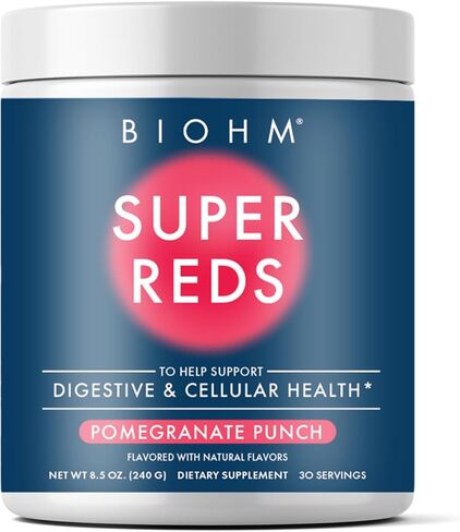 BIOHM Super Reds - مسحوق جذر البنجر، البنجر المضاد للأكسدة ومزيج العصير مع مستخلص الكرز اللاذع و19 نوعًا من الأطعمة الحمراء الكاملة المليئة بالبريبايوتكس والبروبيوتيك، غير المعدلة وراثيًا | نكهة التوت الأحمر (30 حصة) in Kuwait