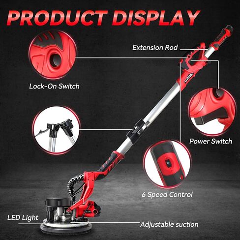 7" Handheld Drywall Sander 900W, 1400-2700RPM Portable Electric Wall Polishing Machine,Electric Sander with Vacuum, LED light, Collection Bag,Rough and fine Sanding,12 PCS Sanding Disc in Saudi Arabia