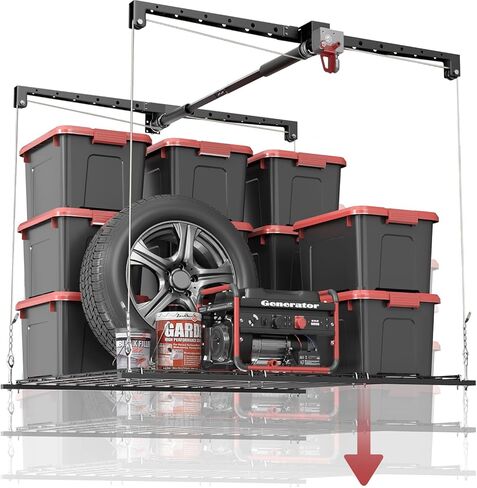 Overhead Garage Storage Rack, Adjustable Heavy-duty 4x4 Ft Ceiling Storage Racks with Safety Lock, Ideal for Garage Storage Lifting Organization System, 250lbs Capacity, White in Saudi Arabia
