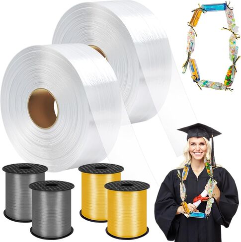 Candy Lei Poly Tubing, 2 Inch x 1000 ft Clear Graduation Candy Lei Making Kit with 2 Rolls 500 yd Ribbon, Clear Shipping Poly Tubing for DIY Graduation Wreaths Packing Snacks in Kuwait