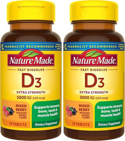 Nature Made Extra Strength Vitamin D3 5000 IU (125 mcg), Vitamin D Supplement for Bone, Teeth, Muscle, Immune Health Support, 70 Sugar Free Fast Dissolve Tablets, 70 Day Supply in Saudi Arabia