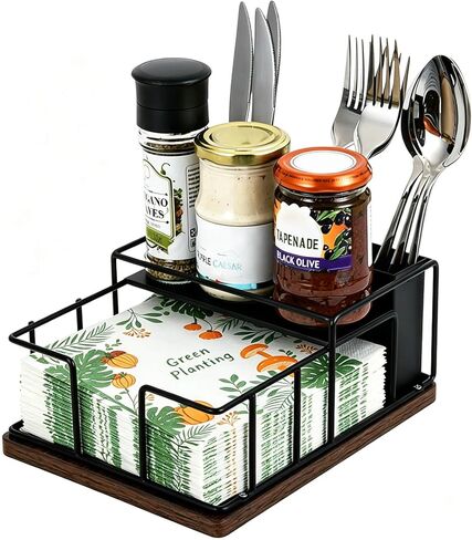 Paper Napkin Holder Flat Metal Napkin Holder with Weighted Arm, Modern Farmhouse Napkin Holder for Table, Cocktail Kitchen Bathroom Napkin Holder Dispenser for Home Restaurant Outdoor, Black in Kuwait