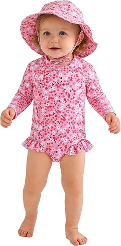 Baby Girl Swimsuit Long Sleeve One Piece Rash Guard with Sun Hat Zipper Bathing Suit Size 0-2T in Saudi Arabia