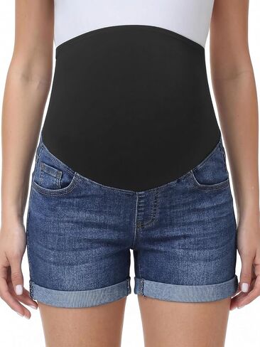 Foucome Maternity Jean Shorts Trendy Rolled Hem Denim Shorts | Over The Belly, Stretch Fabric, Casual Summer Pregnancy Shorts, with Pockets in Saudi Arabia