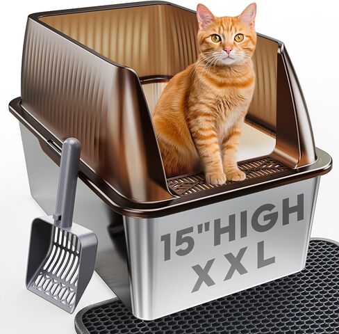 15" Stainless Steel Cat Litter Box, XL Stainless Steel Litter Box With High Sides, Extra Large Metal Cat Litter Box for Big Cats, Multi Cats & Kitty, Easy Cleaning, Non-Sticky, Includes Scoop in Saudi Arabia