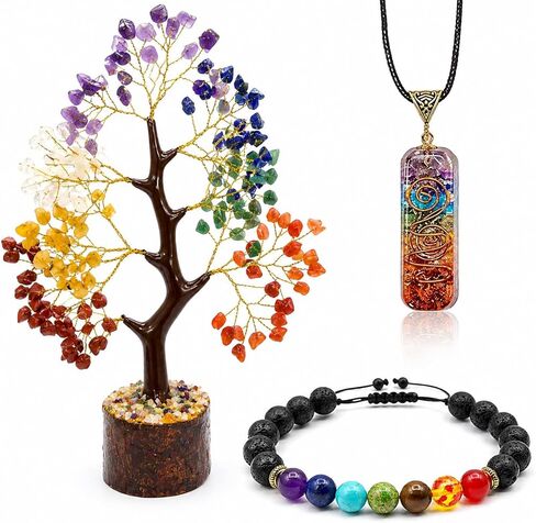 Sawcart Seven Chakra Crystal Bonsai Money Tree with 7 Chakra Orgone Pendant and Lava Bracelet for Reki Healing Good Luck Prosperity Spiritual Yoga Meditation & Home Office Décor in Saudi Arabia