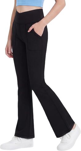 Girls' Leggings Cross Flare Pants with Pockets Black Soft Stretchy High Waisted Pants for Kids Child Yoga Dance in Kuwait