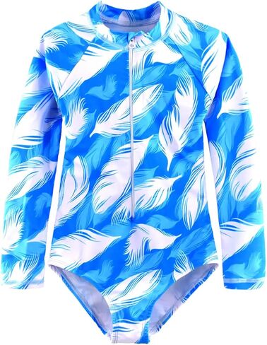 HOOBABE Kids Girls Rash Guard كم طويل قطعة واحدة ملابس سباحة بسحاب لباس سباحة UPF 50+ زهور نباتية استوائية للأعمار 3-12 in Kuwait