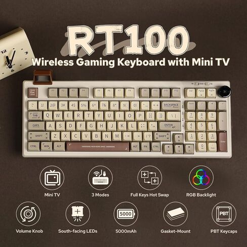 EPOMAKER RT100 97 Keys Gasket BT5.0/2.4G/USB-C لوحة مفاتيح ميكانيكية مع شاشة عرض قابلة للتخصيص، مقبض، مقبس قابل للتبديل السريع، بطارية 5000 مللي أمبير في الساعة لجهاز Win/Mac (أبيض عتيق، مفتاح اللمس الوستارية) in Saudi Arabia
